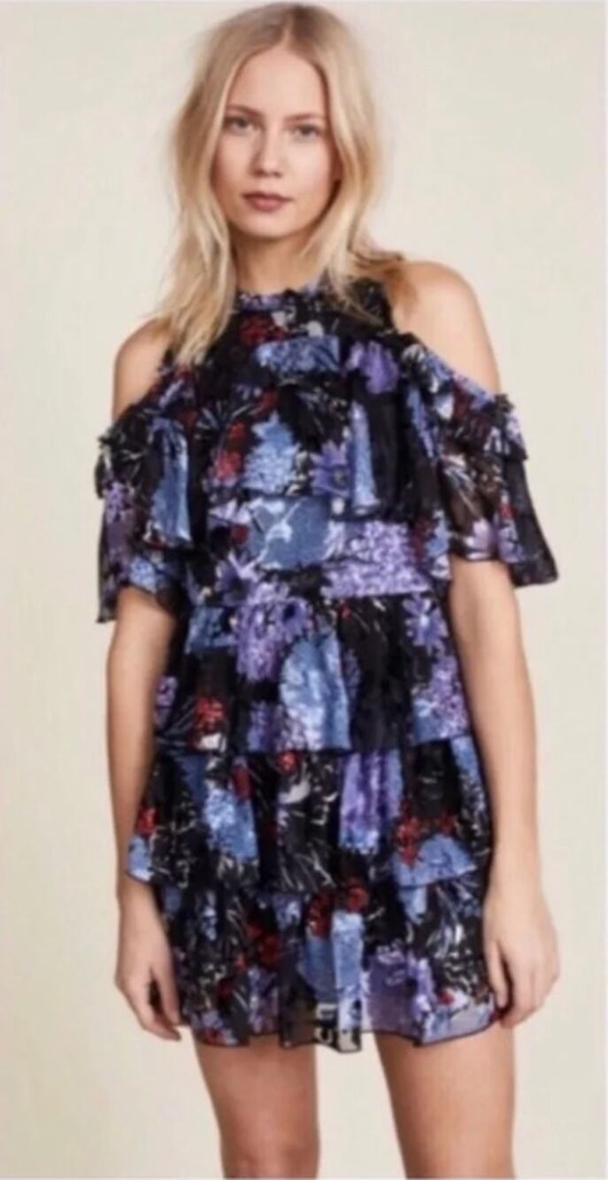 Alice + Olivia Nichola NWT Silk Blend Cold Shoulder Tiered Ruffle Dress 4